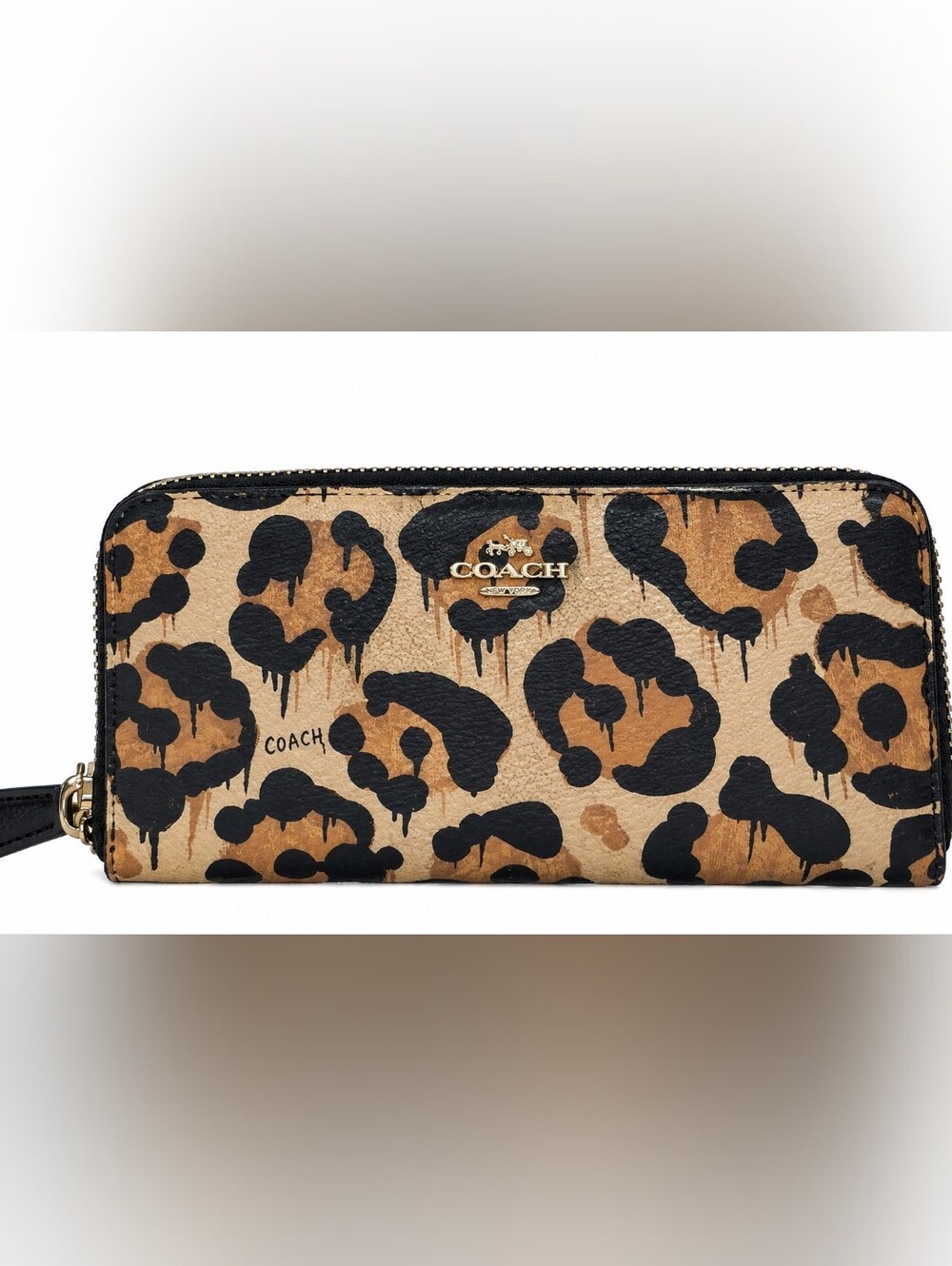 Coach Brown & Black Leopard Print Leather Long Zip Wallet NWOT